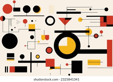 geometric shapes, retro grunge style and abstract vector illustration collection of graphic elements with black and gre, in the style of light red and yellow, de stijl influence, bold outlines
