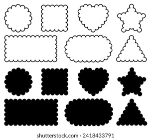 Geometric shapes with round sides, aesthetic memphis figures, brutal modern modern brutalist forms, wavy elements border - stock vector