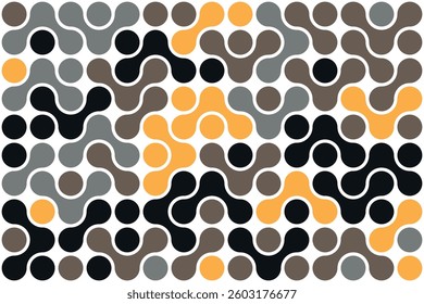 Geometric shapes with rounded forms in brown, gray, black, and yellow on white