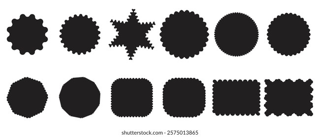 Geometric shapes with scallop and black zigzag edges set. oval shapes with wiggly and zigzag borders. Silhouette stickers circle, square, oval and rectangle labels. vector illustration and artwork .