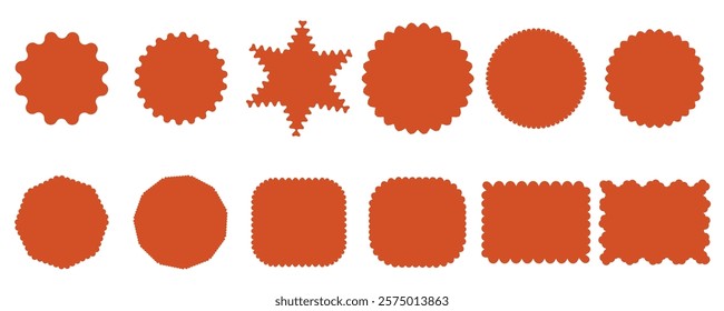 Geometric shapes with scallop and red zigzag edges set. oval shapes with wiggly and zigzag borders. Silhouette stickers circle, square, oval and rectangle labels. vector illustration and artwork .