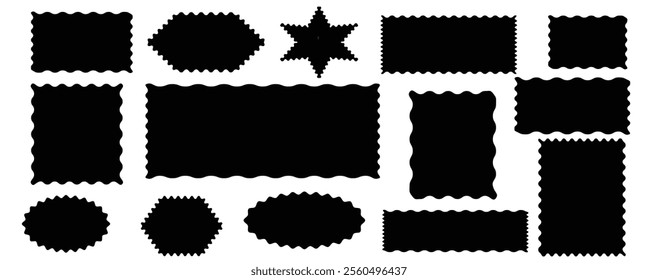 Geometric shapes with scallop and Set of frames with zigzag edge. Isolated elements for design of text box, badge, banner. Silhouette stickers circle, star,square, oval and rectangle black vector .