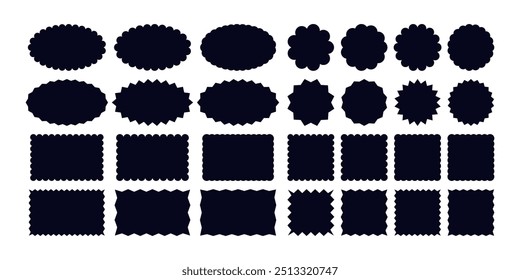 Formas geométricas com bordas de vieira e ziguezague definidas. Silhueta adesivos círculo, quadrado, oval e retângulo rótulos.