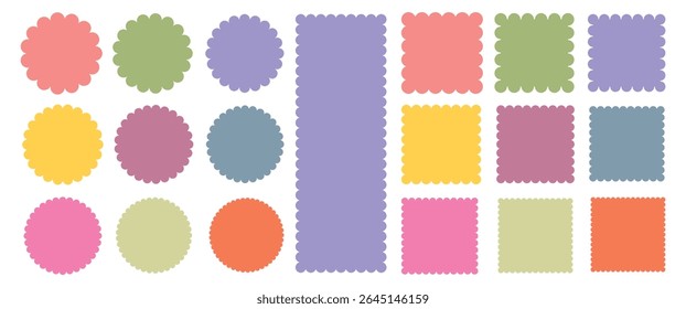 Geometric shapes with scallop and zigzag edges set. Zig zag edge circle, square shape collection. Torn paper, jagged rectangular, circle  shape box element set with zigzag edges.