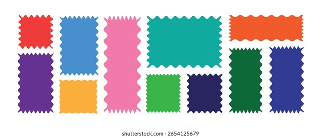  Geometric shapes with scallop and zigzag edges set. Silhouette stickers circle, square, oval and rectangle labels. Set of frames with zigzag edge, scallop edge shape. red color frame.