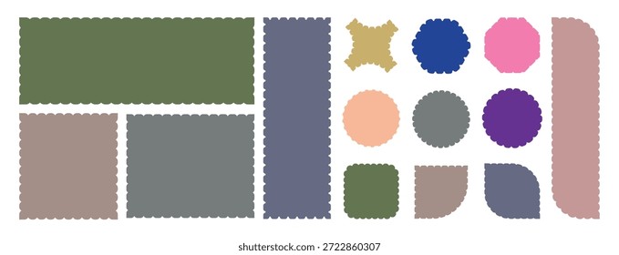 Geometrische Formen mit Scallop- und Zickzackkanten. Zig Zag Kantenkreis, Quadrat, Rechteck, Rundform Sammlung. Zig-Zag-Wellenlabels einzeln auf weißem Hintergrund. Kantenrahmen für wolkige Wellen.  