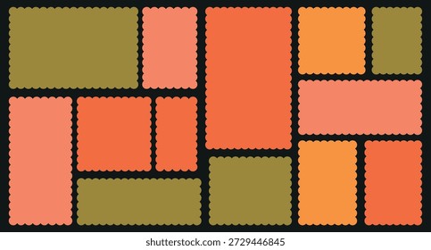 Geometric shapes with scallop and zigzag edges set. Set of coloring postage stamp Edge Rectangle, Vector Jagged Geometric Shapes. Vector illustration with black background. 