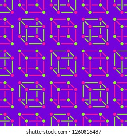 Geometric shapes seamless pattern with flat line icons of cube figure. Modern abstract colorful background for geometry, math education. Vivid ultraviolet, pink vector illustrations.