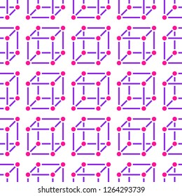 Geometric shapes seamless pattern with flat line icons of cube figure. Modern abstract colorful background for geometry, math education. White purple pink vector illustration.