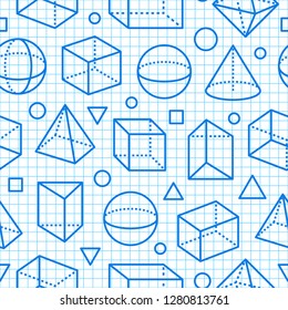 Geometric shapes seamless pattern flat line icons. Modern abstract background for geometry, math education. Mathematics figures on blue grid notebook - cube, sphere, cone, prism vector illustrations.