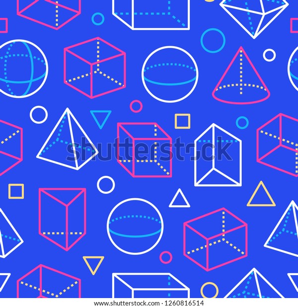 シームレスな図形とフラットな線のアイコン 現代の抽象的な背景図形 数学教育 数学図形 立方体 球 円錐 プリズム 青 白のカラーベクターイラスト のベクター画像素材 ロイヤリティフリー