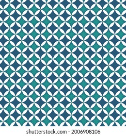 Formas geométricas Patrón sin foco y Flor verde sobre fondo azul.Diseño para tela, impresión, producto, azulejos, empaque, papel pintado, ropa, envoltura.estilo oriental retro.Ilustración vectorial 