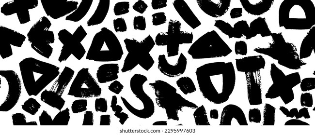 Geometric shapes seamless pattern in Memphis style. Modern banner with bold brush drawn shapes. Abstract  trendy vector texture with hand drawn zigzag lines, circles, crosses and triangles.