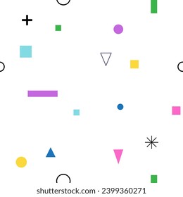 Geometric shapes seamless pattern. Modern abstract background for textile, paper, fabric. Retro 80s memphis style vector texture with Trendy minimalist basic figures: triangles, squares, dots