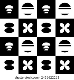 Geometric shapes seamless patterns. Brutal contemporary figure backgrounds in white and black.