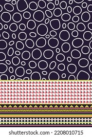 Geometric Shapes Seamless Repeat Pattern With Border Print. Irregular Circles With Polka Dot, Triangle And Stripes At The Bottom Motif.