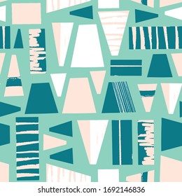 Geometric shapes seamless vector pattern. Abstract white pink teal blue trapezoids and blocks repeating background. Modern art tribal style grunge shapes pattern. 