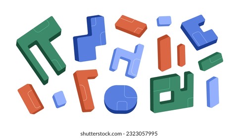 Geometrische Formen. Abstrakte Design-Elemente, 3D-Geometrie-Objekte. Puzzleteile, Formen, Figuren. Kreative Teile zum Zusammenbauen, Füllen. Flache Vektorgrafik einzeln auf weißem Hintergrund