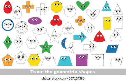 Geometric Shapes Set to be Traced. Dot to dot educational game for kids.