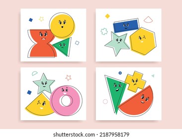 Geometric shapes set. Collection of posters and banners for website. Element for teaching kids geometry, education and learning. Cartoon flat vector illustrations isolated on pink background