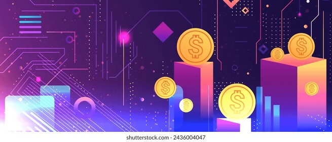 geometric shapes set different figures and arrows with dollar coins financial technology fintech concept horizontal