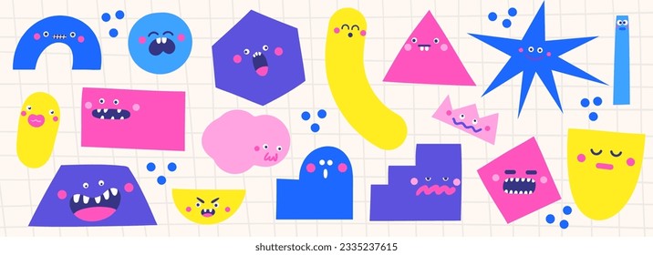 Geometric shapes set in doodle hand drawn funny style. Cute basic shapes moody characters for kids. Educational set for children, school, pupil, preschool kid. Study geometry shapes collection.