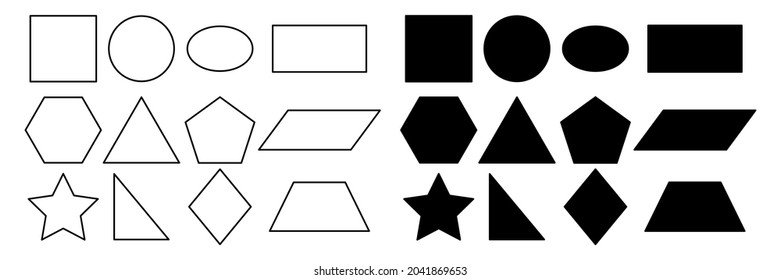 Geometric shapes set. Educational black silhouette and line figures. Basic forms. Vector isolated on white