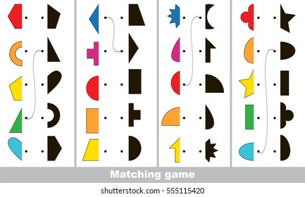 Geometric shapes set to find the correct shadow, the matching educational kid game to compare and connect objects and their true shadows, simple game level for preschool kids education.