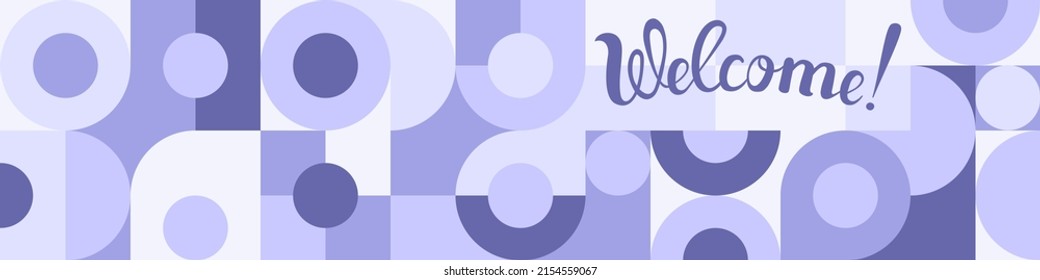 Geometric shapes in a set for a flyer or web template seamless background. Bright wallpaper of squares and circles in trendy scandinavian style, welcome - handmade word lettering.