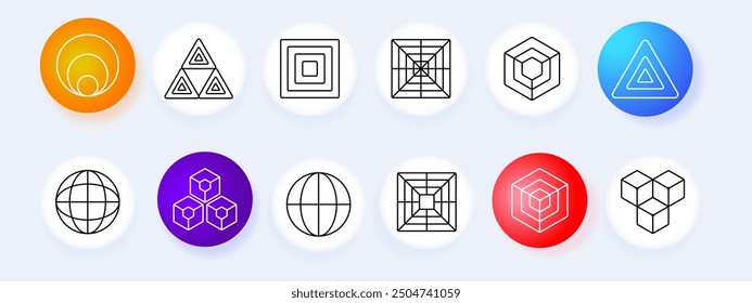 Geometric shapes set icon. Circles, triangles, squares, grid, cube, abstract design, sphere, pattern, symmetry, structure, 3D, vector, geometric, polygons, complexity, arrangement.