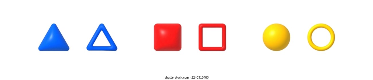 Geometric shapes set icon. Square, triangle, circle, ball, cube, pyramid drawing in 3d style. The form concept. Six vector line icon in different styles