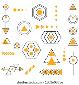 Geometric shapes set juxtaposed with bright bold yellow elements composition. Design elements for Magazine, leaflet, billboard, sale, etc.