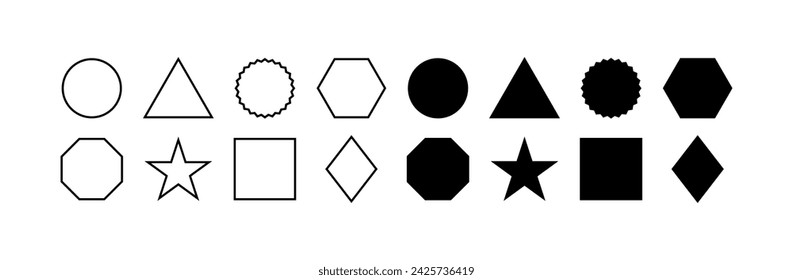 Geometric shapes set. Linear and silhouette style. Vector icons
