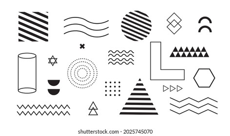 Formas geométricas. Conjunto de elementos de diseño de memphis para Afiche, folleto, revista, cartel, venta de carteles. Tendencia universal estilo 80, 90. Ilustración del vector