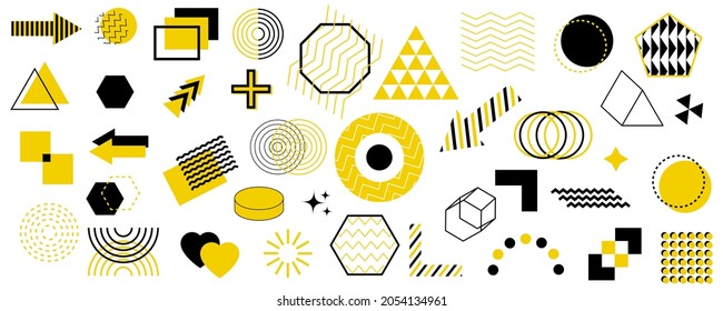 Geometric shapes set. Memphis design. Black and yellow elements. Abstract figures. Vector illustration. Stock image. 