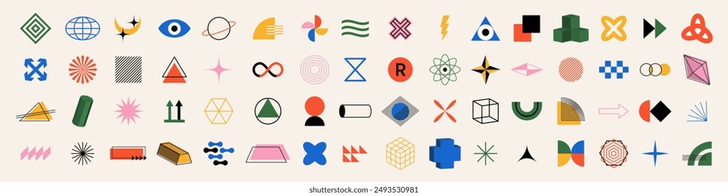 Geometric shapes set. Memphis design elements. Abstract geometric shapes. Swiss or bauhaus style. Brutalist elements pack.