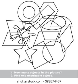 Geometric shapes set mishmash set in vector outlined to be colored.  Find all hidden objects on the picture. Visual game for children.