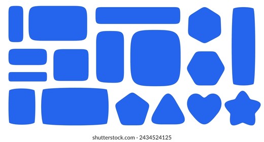 Geometric shapes set. Organic squrcle border for text. Abstract blue smooth bubbles. Doodle polygons stickers.