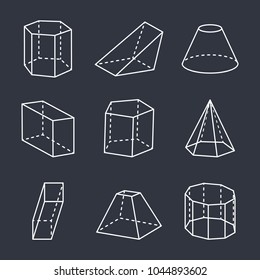 Geometric shapes set, poster with geometric forms, cube and blunted cone with flat top, pyramid and cuboid, vector illustration isolated on black