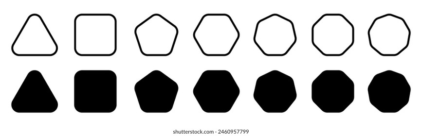 Geometric shapes set with rounded corners, triangle square pentagon hexagon heptagon octagon, slightly rounded version