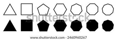 Geometric shapes set with rounded corners, triangle square pentagon hexagon heptagon octagon, sharp version
