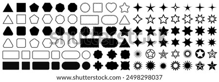 Geometric shapes set with rounded corners, triangle square pentagon hexagon heptagon octagon, sharp and slightly rounded version, stars