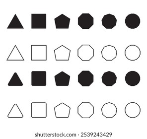 Formas geométricas definidas com cantos arredondados e triangulares, preenchimento e contorno de pentágono quadrado, octógono, decágono, octógono, afiado e ligeiramente arredondado.	
