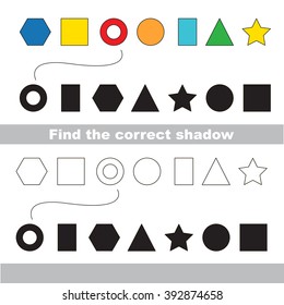 Geometric shapes set with shadows to find the correct one. Colorless version include. Compare and connect objects. and their true shadows. Logic game for children.