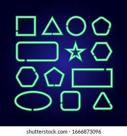 Las formas geométricas establecen cuadrado, círculo, estrella, triángulo, rectángulo, hexágono, elipse de las líneas de luminiscencia verde brillante de neón en el fondo azul oscuro clásico. Ilustración vectorial.