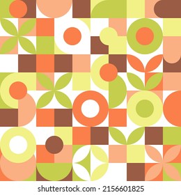 Geometric shapes in set for summer flyer or web template seamless background. Bright wallpaper of squares, circles and flowers in a trendy Scandinavian style.