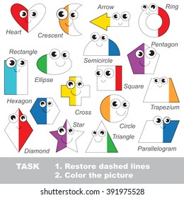 Geometrische Formen, die in Vektorfarben festgelegt sind, um verfolgt zu werden. Stellen Sie die gestrichelte Linie wieder her und färben Sie das Bild. Visuelles Spiel für Kinder. Arbeitsblatt zu färben.