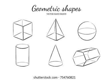 Geometric shapes set. Vector hand drawn illustration. Isolated objects. Cube, Pyramid, Cylinder Cone Prism Sphere