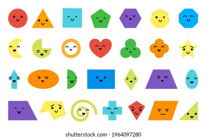 Geometric shapes signed color set. Kindergarten cute emoji character. Child kawaii expression emoticon. Preschool activity. Logic kid lessons, skill play cartoon puzzle isolated on white background