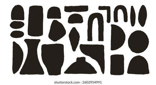Geometric shapes silhouette rough set. Circle, ellipse, rectangle text boxes. Abstract japandi vase decor. Vector geometry graffiti spray shapes. Hand drawn collection illustration on white background